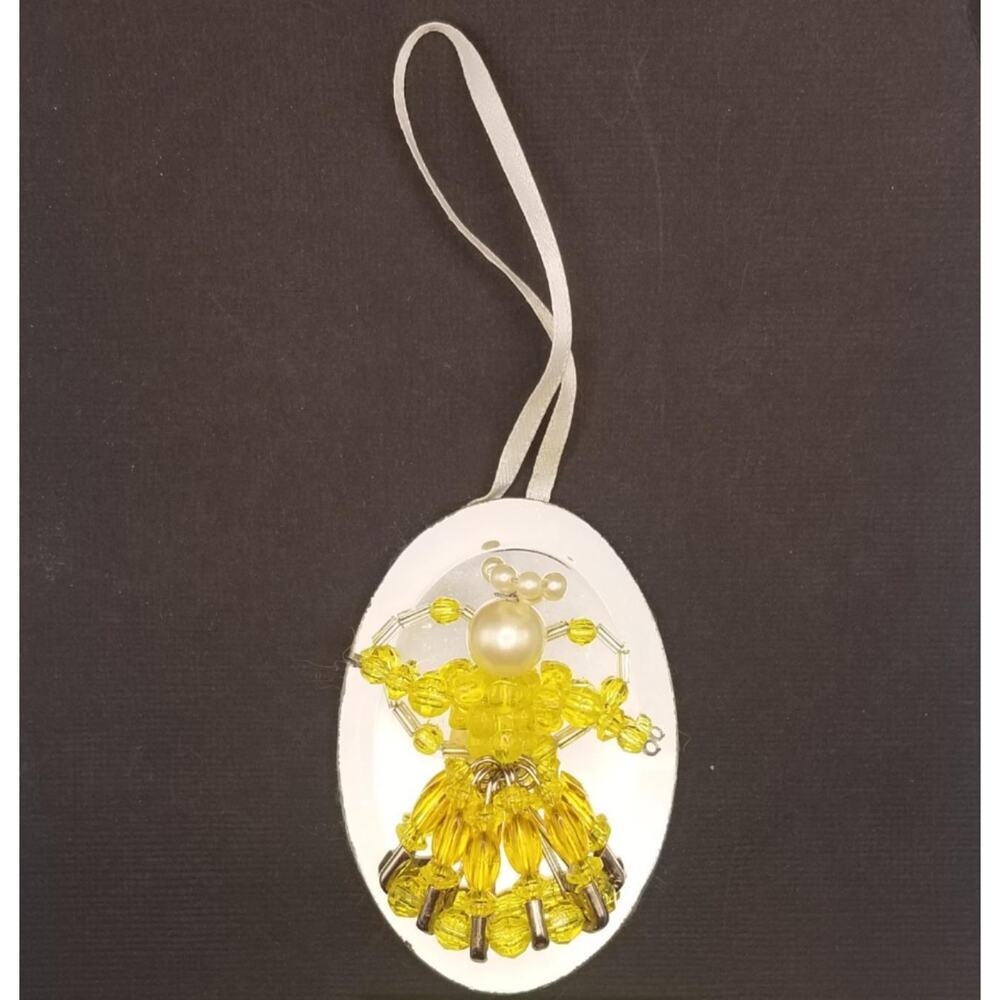 Vintage Beaded Angel Yellow Ornament Mirror 3" Pearl Handmade with Safety Pins